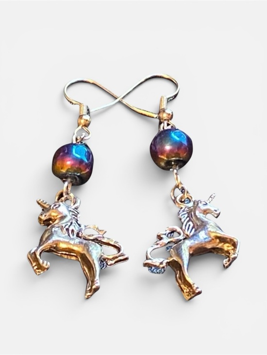 Hand Crafted Jewelry - Hand Crafted Earrings Unicorn Rainbow Dangle Pierced Silver Metal Mystical
